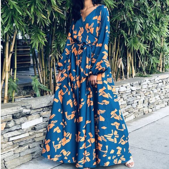 DIARRABLU NWOT Gyraf Blue Satin Marieme True Wrap Long Sleeve Maxi Dress Small - Picture 1 of 9